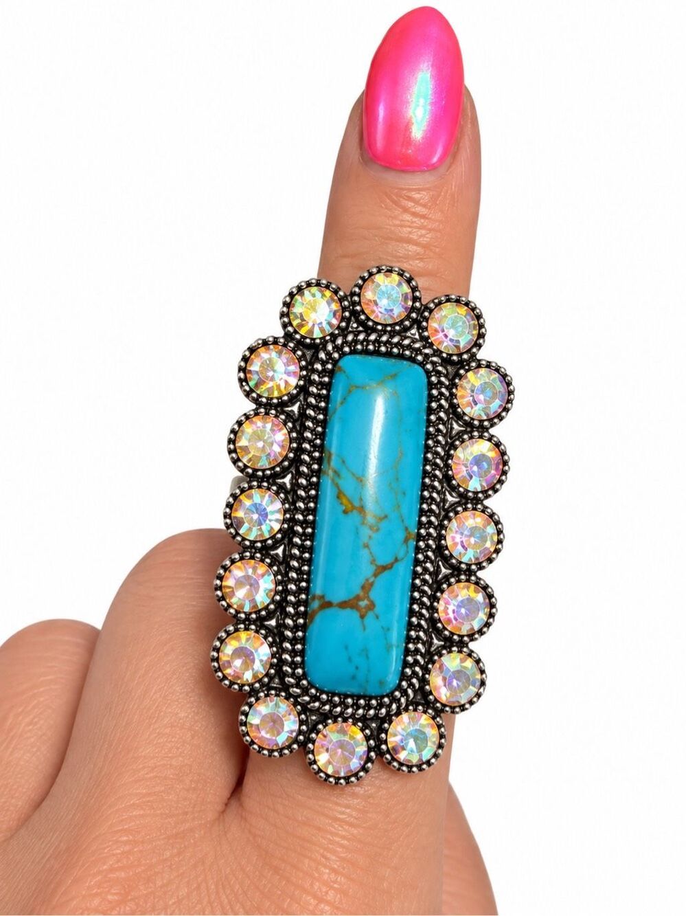 Turquoise Rhinestone Statement Ring Silver Tone Adjustable Costume Jewelry